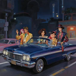 latino - futurist latinos, zoot suits and lowriders, fashionable, driving the metaverse | hyperrealistic oil painting | by makoto shinkai, ilya kuvshinov, lois van baarle, rossdraws | afrofuturism, in the style of boondocks, trending on artstation | dark color scheme
