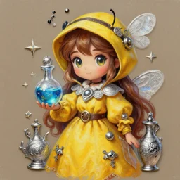 a portrait of girl magic beekeeper wearing yellow dress, magic potion, silver magic, fantasy, dungeons and dragons, an ultrafine detailed painting, chibi, detailed painting, boris valejo. octopath traveler decal!!!