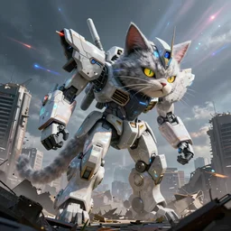 giant robot cat!!! in an environment of a ruined city, unreal engine, octane, ray tracing, volumetric light, chromatic, prismatic, shine, rays, lens, artsation trends, jakub rozalski art style