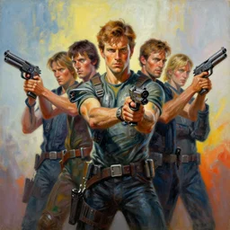 ! dream a painting of a group of people holding guns, a fine art painting by ron english, trending on deviantart, neo - primitivism, movie poster, poster art, sci - fi