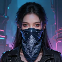 closeup portrait shot of cyber a beautiful girl wearing a bandana mask in a scenic dystopian neon environment, intricate, elegant, highly detailed, centered, digital painting, artstation, concept art, smooth, sharp focus, illustration, artgerm, tomasz alen kopera, peter mohrbacher, donato giancola, joseph christian leyendecker, wlop, boris vallejo