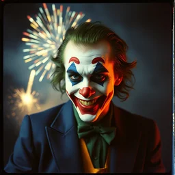 kodak portra 4 0 0, wetplate, muted colours, blueberry, 1 9 1 0 s style, motion blur, portrait photo of a backdrop, explosions, rockets, sparkling, joker, by georges melies and by britt marling