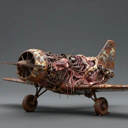 technobiological rusty fighter aircraft consisting of bones and guts and ripped flesh and iron and meat and skin and veins and entrails. biopunk, bodyhorror, very rust, high detail, photorealism, full length view, concept art, octane render, cgsociety by hermann nitsch