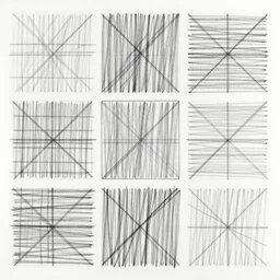 an abstract picture a 64 squares arranged in a grid, hundreds of random pencil lines, Sol LeWitt, black and white