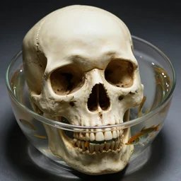 realistic photo of a bowl in the shape of a skull filled with water with fish swimming in it, highly detailed,