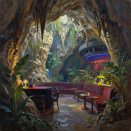 futuristic nightclub in a dripstone cave with plants. oil painting by award - winning concept artist. backlighting, chiaroscuro, field of depth.