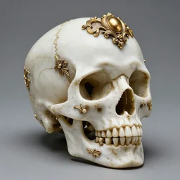 a beautiful portrait of a ornate and intricate rococo skull, hyper detailed, golk plated on white marble