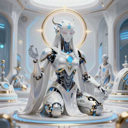 benevolent cyborg necromancer, scifi, futuristic, helpful, kind, intelligent, alien room background, white, blue, gold, highly detailed, trending on artstation, soft light, holy machine, advanced technology, art by vitaly bulgarov and nivanh chanthara and lance wilkinson