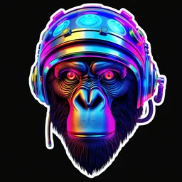 sticker art of a realistic ape head with a steampunk space helmet with multicolored glowing gears and tubes and cables, crisp, trippy, fluorescent colors, insanely detailed, 3 d render, front shot, 3 5 mm