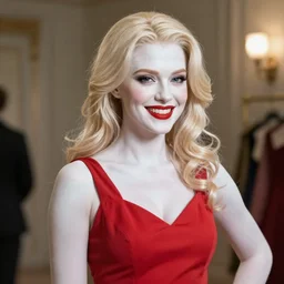 in the style of Phil Noto, Pale skin female Domino from marvel comics, wearing a red dress, smile
