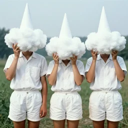 realistic photo portrait of a three young scientists wearing white shorts, cone heads, holding clouds on their faces covered 1 9 9 0, life magazine reportage photo, natural colors