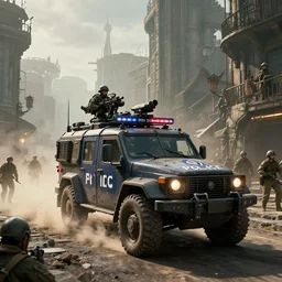 a militarized police vehicle with mounted weapons riding through an orwellian town, troops searching the area, action scene, an epic fantasy, dramatic lighting, cinematic, establishing shot, extremely high detail, photorealistic, cinematic lighting, artstation, octane render, by simon stalenhag, horizon forbidden west