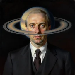 a portrait of a well dressed business man, thehe planet saturn is his face!!!!!!, art by Rene Magritte