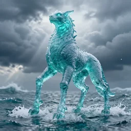four legged creature made of water, made of liquid, rising up from ocean, water armor, high detail, high contrast, medium close up portrait, studio lighting, stormy seas, beautiful, bokeh, snowy, storm clouds, god rays, d & d, fantasy, elegant, aquamarine color palette, concept art, roger deakins and greg rutkowski and alphonse mucha