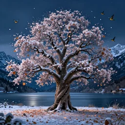 a beautiful awesome artistic tree in the winter at night with falling flowers like leaves and many birds, all in the amazing outdoors view, mountain in the background, lake, long exposure, 8 k resolution, trending on artstation