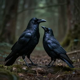 creature consisting of a crow and a human, werecrow, photograph captured in a dark forest