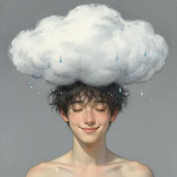 a character with a cloud on his head, raindrops instead of tears, disheveled thoughts, the subtle existence of reality in time, a beautiful face, a sweet smile, gray shades by edmund dulac