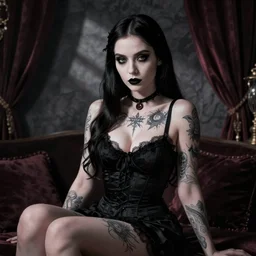 Grown-up Wednesday Addams::Goth::Tattoos::voluptuous::morbid