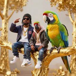 parrots dressed in rapper clothes, sitting on golden trees, rap scene, trending on artstation, highly detailed, digital art, 8 k