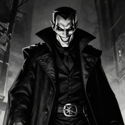 An evil rogue, smiling. Dark Fantasy, Film Noir, Black and White. High Contrast, Mike Mignola