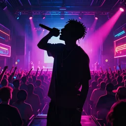 rapping into microphone, silhouette, huge crowd, neon soaked, hip hop, digital art, trending on Artstation, professional artist, detailed, 4k