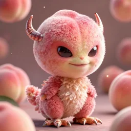 an alien with a face that looks like a fuzzy peach the peach is fuzzy pink warm and ripe the alien has horns and a mean smile the alien has chicken feet cruel smile, 4k, highly detailed, high quality, amazing, high particle effects, glowing, majestic, soft lighting, detailed background, happy tones, sharp background, octane render