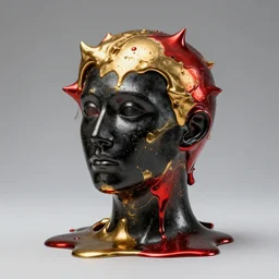 a black and golden and red head made out of melting metal