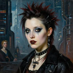 close up portrait of a punk goth daria werbowy in a cyberpunk futuristic city by ellen von unwerth, oil painting by canaletto hieronymus bosh leonardo da vinci piero della francesca botticelli