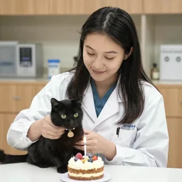 a twenty four year old nuclear medical physist girl and her black cat celebrating a birthday