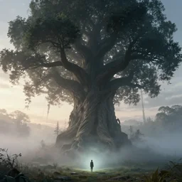 a beautiful terrifying tree giant looms over a tiny human. epic dawn, ethereal fantasy art by greg rutkowski