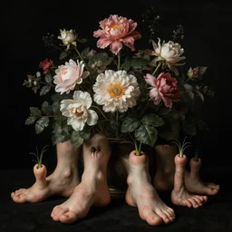 disgusting disturbing dutch golden age bizarre vanitas floral still life with many human toes sprouting up everywhere so many toes by rachel ruysch black background chiaroscuro beautiful dramatic lighting perfect composition high definition 8 k 1 0 8 0 p