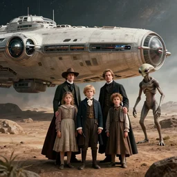 sharp, highly detailed, 65536k film still from a sci fi blockbuster color movie made in 2019, set in 1860, of a family standing in front of a spaceship that has just landed on an alien planet, a humanoid alien creature stands nearby, the family are all wearing 1860s era clothes, good lighting, good photography