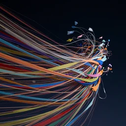 millions of thin threads of colorful fabric unravel sideways and twist and whirl confusingly in strong winds across a dark night sky, highly detailed, unreal engine
