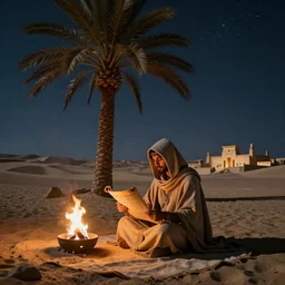 a hooded Druid sitting under a tall palm tree in the Egyptian desert reading ancient scrolls by a smal fire, sitting on the ground, darkness, dim light from fire, pil on canvas by Rembrandt, desert, starry sky, an ancient city far in the distance, strong dramatic cinematic lighting, lost civilizations, smooth, sharp focus, extremely detailed