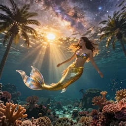 gorgeous mermaid swimming underwater, golden hour, god rays, coral reef, dreamscape by artgerm and ruan jia and ismail inceoglu and greg olsen, cosmos, milky way galaxy, masterpiece, beautiful, intricate, elegant, highly detailed, palm trees