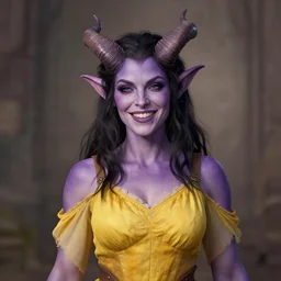 a purple skin tiefling woman, smiling, dark hair, curvy horns, with and yellow shirt and dress, chaste, portrait by christophe young and dave dorman and rossdraws