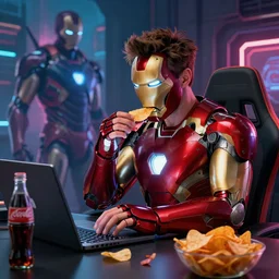 iron man robert downey jr eats chips and plays laptop in detailed gamer room, coke and chips on table, cyberpunk concept art, trending on artstation, highly detailed, digital art, 8 k