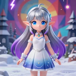 Foreground: Render of a very beautiful 3d anime girl, elf girl, full body, long silver hair purple tips, azure blue eyes, full round face, short smile, cute dress, in snow, medium shot, mid-shot, cinematic lightning, high detail, artstation; Background: detailed low poly wallpaper, vibrant colors, HDR, hd, uhd, 4k, 8k wallpaper