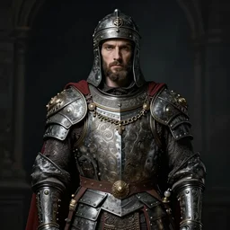 portrait of king buresbista of dacia by irakli nadar with intricate detailed wearing medieval dacian armor in alexander mcqueen style, haunting, elite, elegant, ruan jia, dark, hyper detailed, concept art, by gustav klimt,