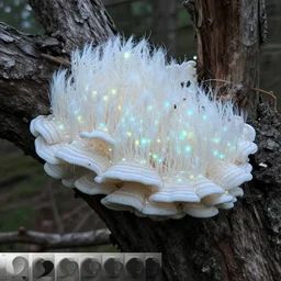 magical white hair-like fungus with bioluminescence infesting a dead tree, photorealism, full view, reference image, documentation.