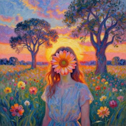 girl with surreal flower as a face, flower field, big trees, sunrise dramatic light, impressionist painting, colorful clouds, digital painting, pointillism, artstation, simon stalenhag