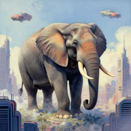 elephant in futuristic cyberpunk city, flying cars on background, acrilic paint, digital, artstation, detailed intricate ink illustration, heavenly atmosphere, digital art, overdetailed art, concept art, complementing colors, trending on artstation, cgstudio, the most beautiful image ever created, dramatic, subtle, details, award winning artwork, beautiful scenery
