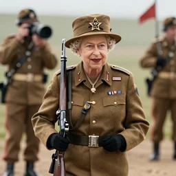 Queen Elizabeth II wearing an army uniform while holding a rifle on a battlefield, highly detailed, high quality, HD, 4k, 8k, Canon 300mm, professional photographer, 40mp, lifelike, top-rated, award winning, realistic, sharp, no blur, edited, corrected, trending
