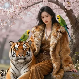 a goddess sitting on a tiger coat, with a parrot, cherry tree in the background, professional photo, digital painting, unreal engine, octane render, 4 k wallpaper, intense, intricate brush stroke detail, beautiful, gorgeous