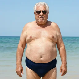 old fat man in swimsuit, belly, spyshot