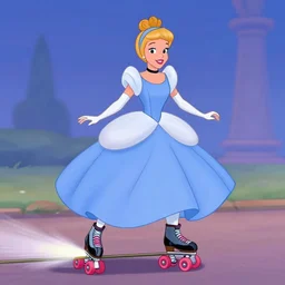 cinderella in the style of the disney animated film cartoon grinding a rail on rollerblades