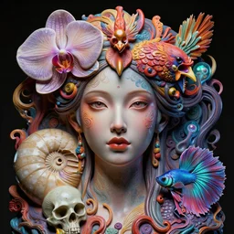 goddess full color painted acryllic sculpture close-up portrait. orchid bird phoenix head, nautilus, skull, betta fish, bioluminiscent creatures, intricate artwork by Tooth Wu and wlop and beeple. octane render, trending on artstation, greg rutkowski very coherent symmetrical artwork. cinematic, hyper realism, high detail, octane render, 8k