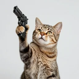 “A cat, portrait, paw up in the air with a gun, simple background, 8K, photorealistic, hyper realistic, High definition, High detail”
