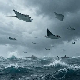 a group of stingray, rays and sharks flying in the sky in a rough sea, sea of thieves style, unreal engine, cinematic, waves, fog, clouds, rain