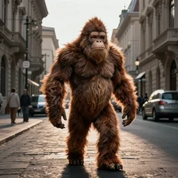 ultrarealistic photography of sasquatch on budapest street rule of thirds